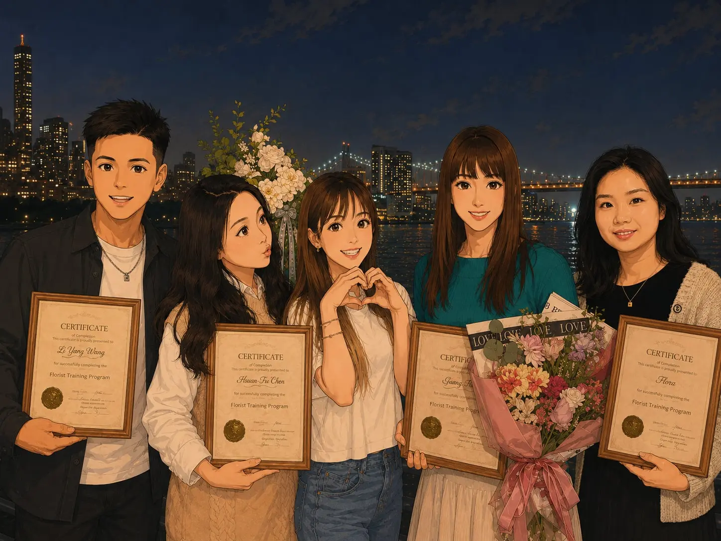 Illustration of the Sun Florist team holding their florist training certificates and bouquets against a night city skyline