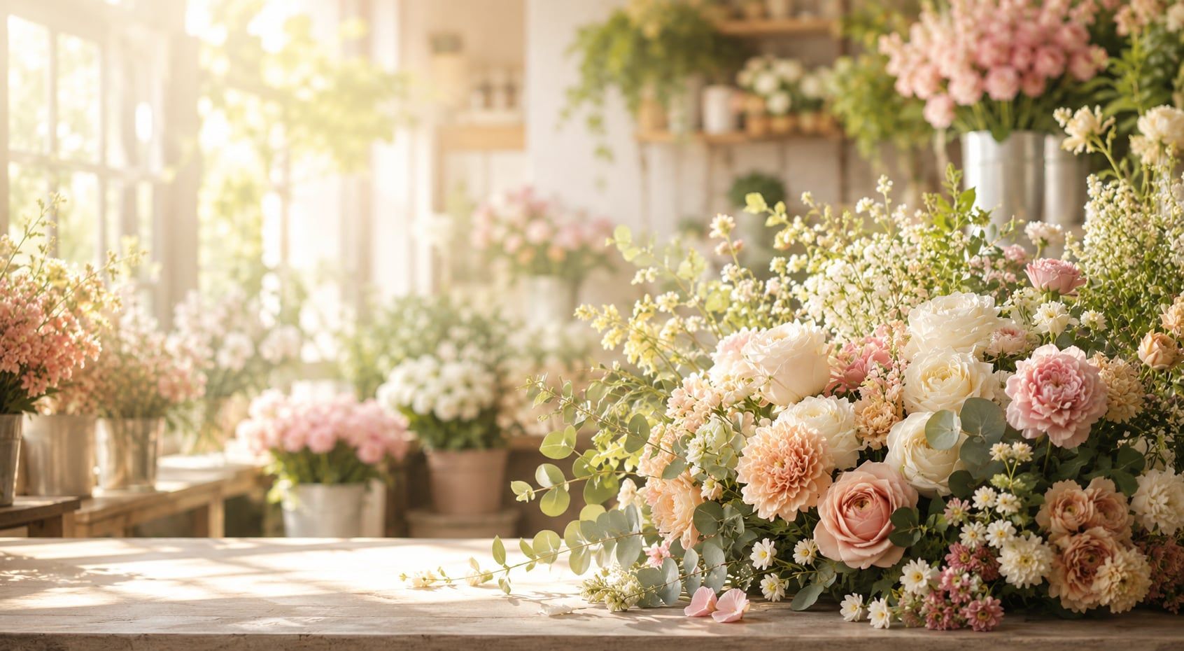 Sunlit florist studio filled with fresh bouquets of roses, dahlias and eucalyptus in soft pink and cream tones