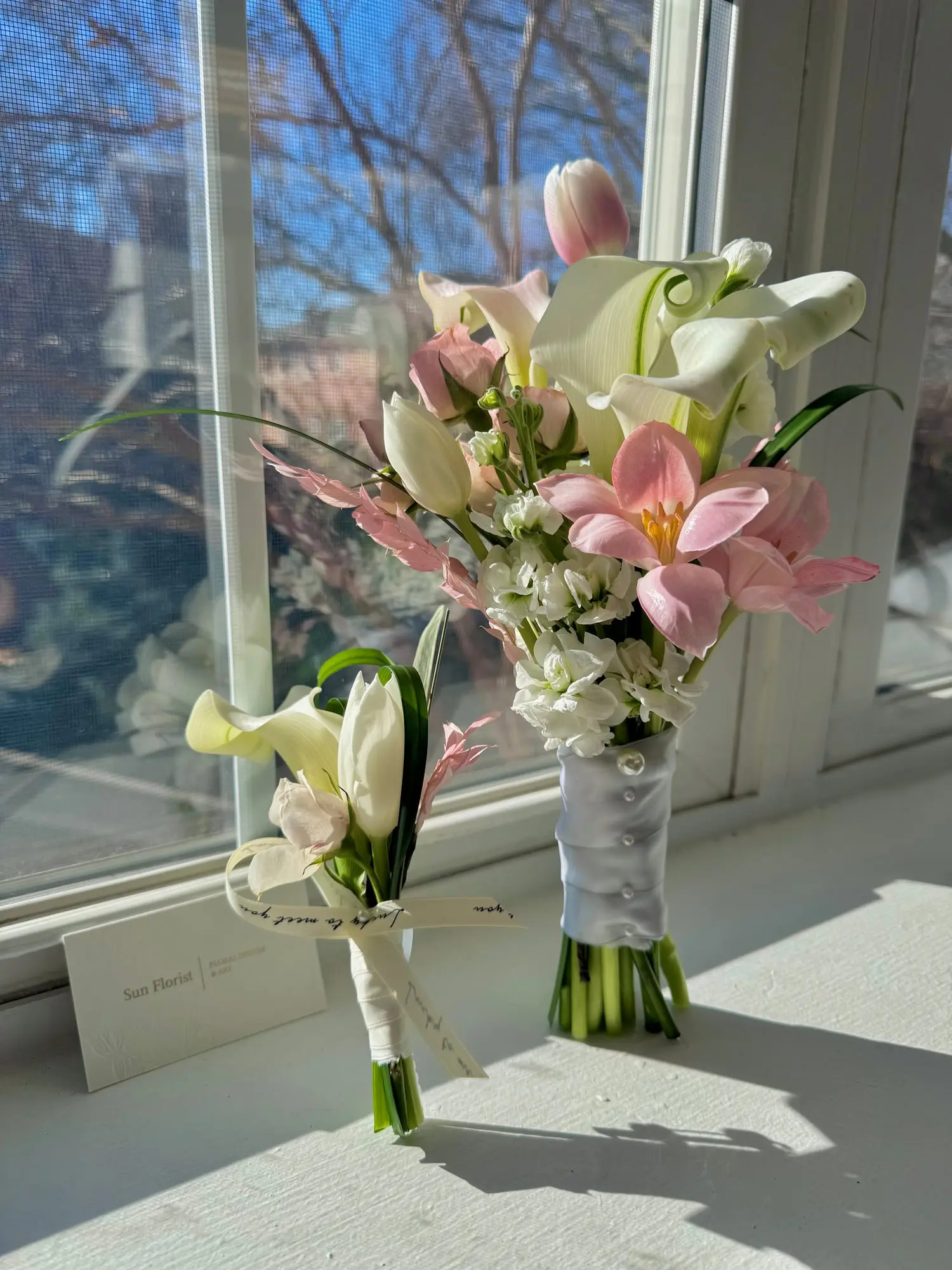 Pink-Tulip with calla — hand-composed fresh florals by Sun Florist, made to order.