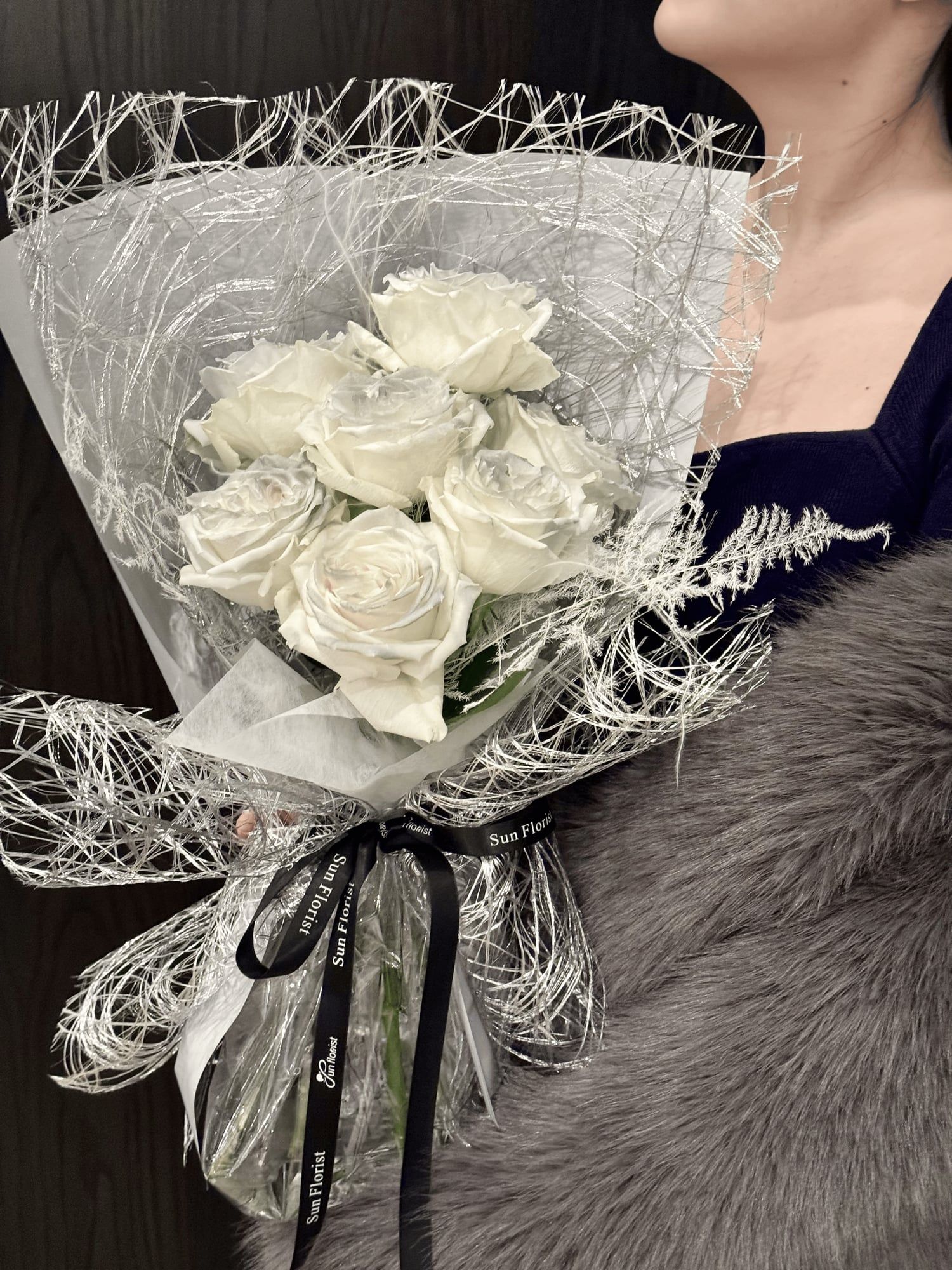 Premium White Roses with Silver Mesh — view 2
