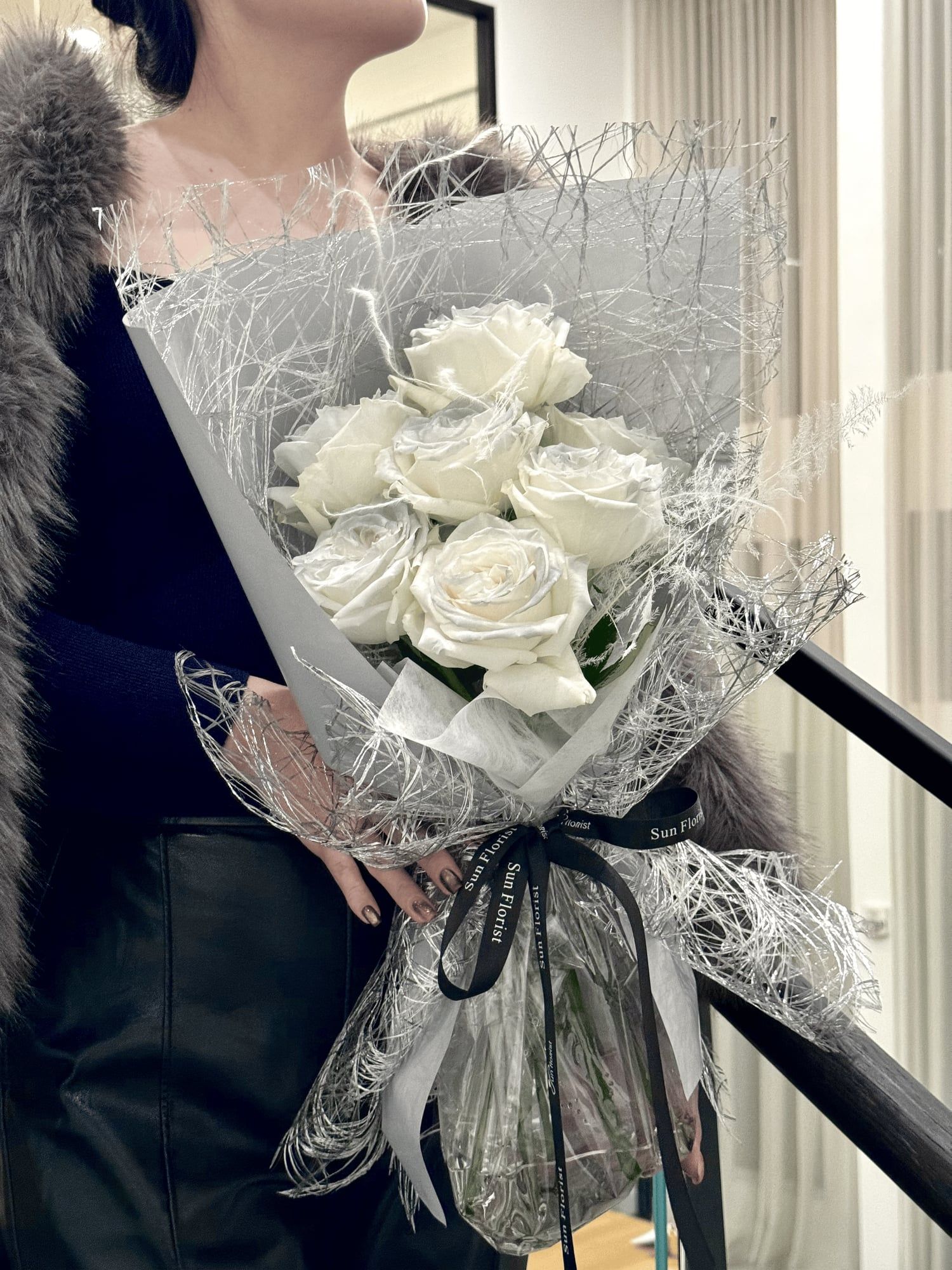 Premium White Roses with Silver Mesh — view 3
