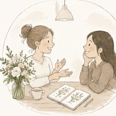 Watercolor illustration of a florist and client chatting over a lookbook and coffee