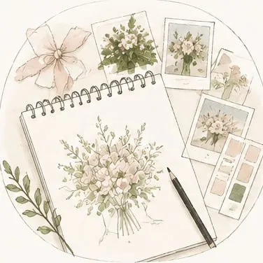 Watercolor illustration of a sketchbook with a bouquet drawing, photos and color swatches
