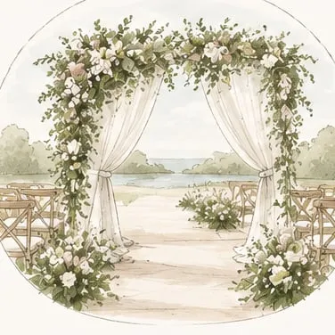 Watercolor illustration of a floral ceremony arch with drapery beside a lake