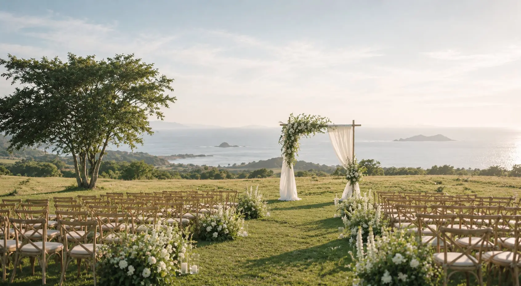 Outdoor wedding ceremony by the sea — floral arch and aisle flowers styled by Sun Florist